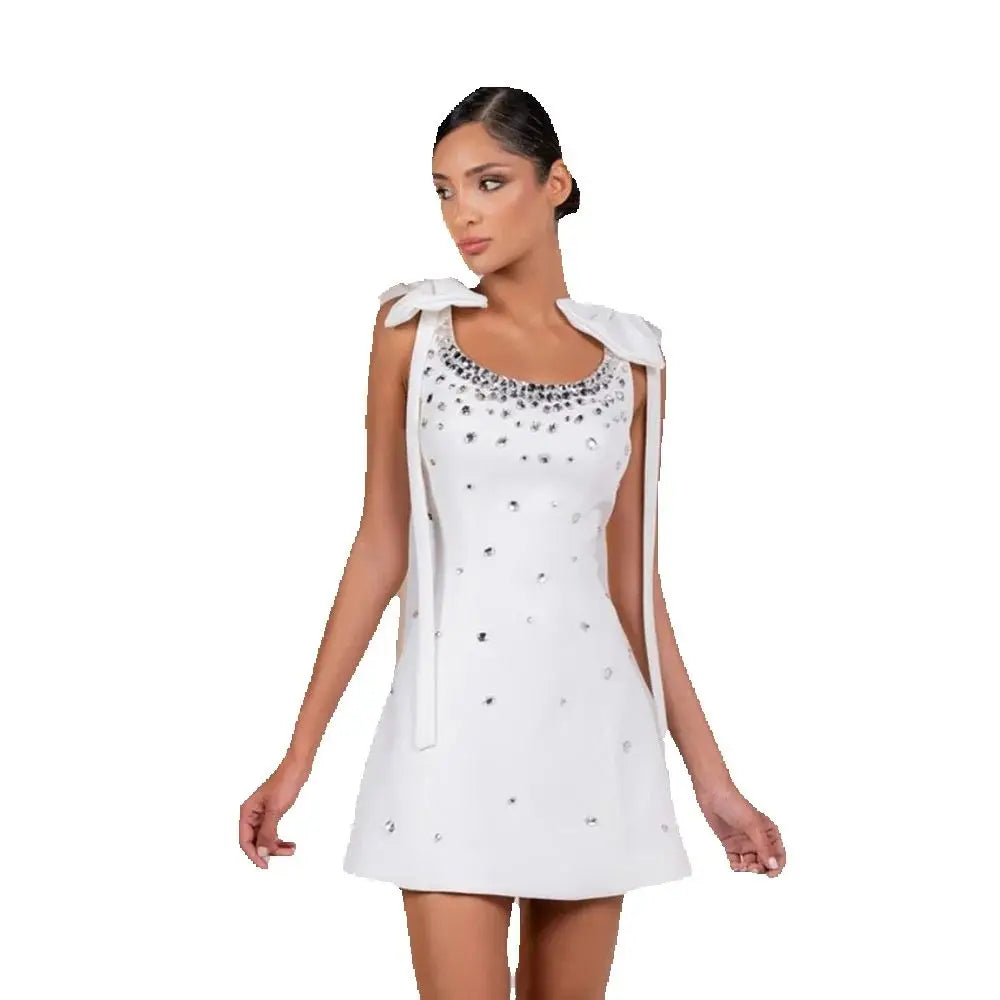 White Crystal Embellished Sleeveless Bow Shoulder Elegant Evening Dress