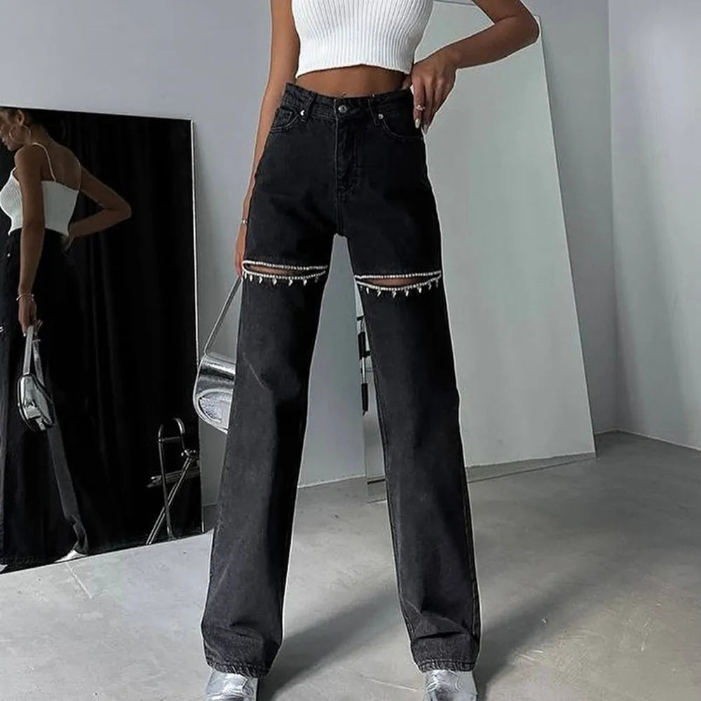 TWOTWINSTYLE Hollow Out Patchwork Diamonds Jeans