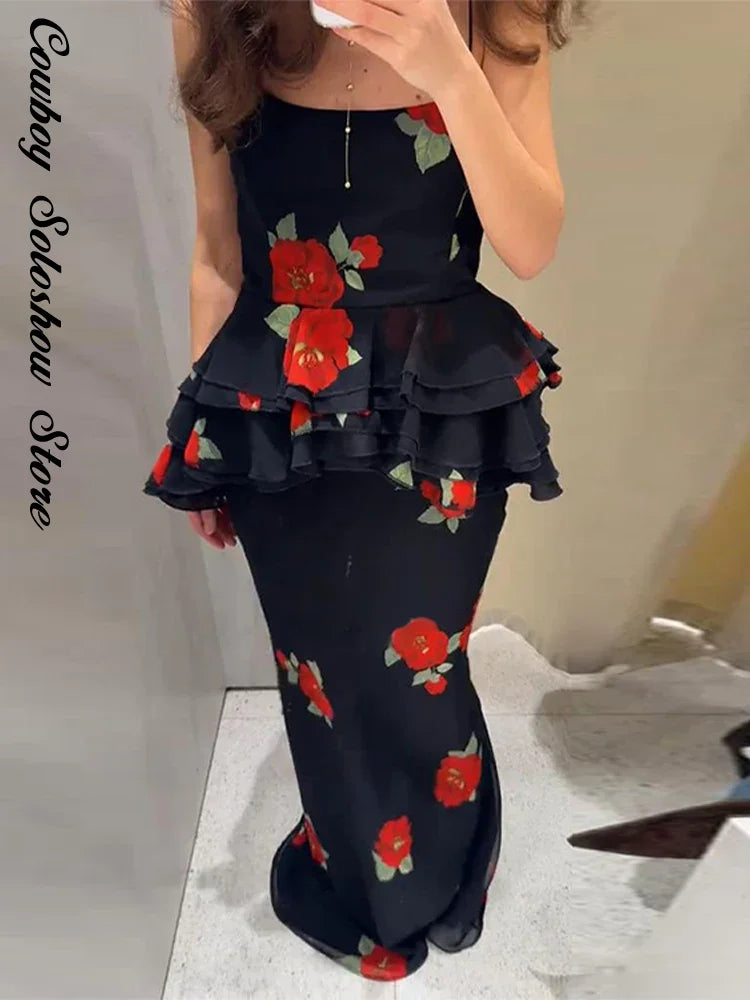 Printed Ruffle Top Skirt Set