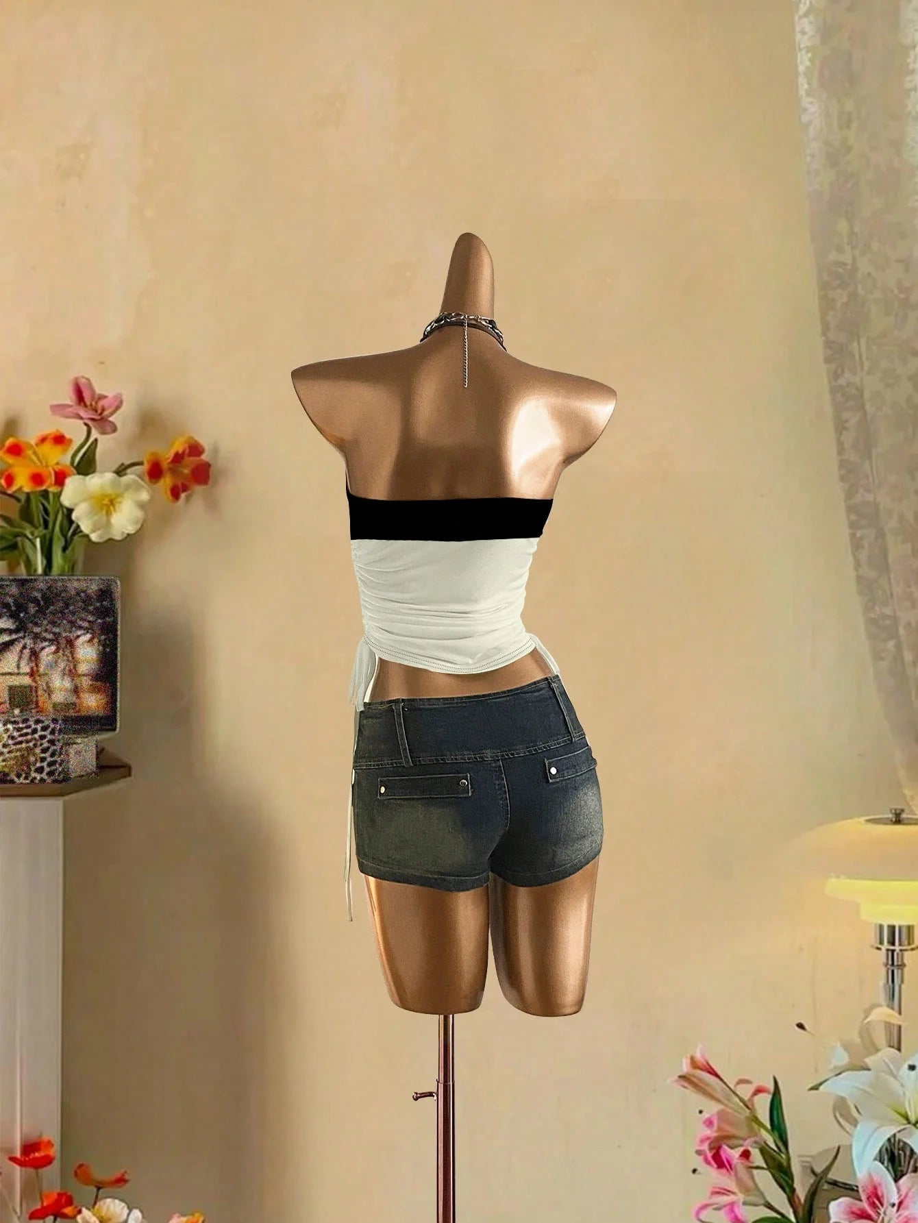 Drawstring Tie Front Cutaway Tapered Tube Top