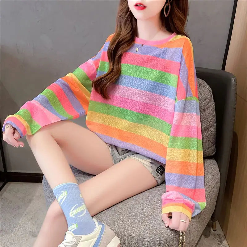 Rainbow Striped Long-sleeved Pullover