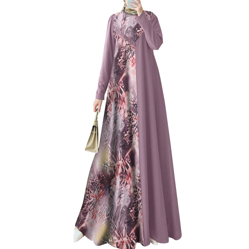 ZANZEA Women Elegant Long Sleeve IsIamic Robe Maxi Vestidos Muslim Patchwork Abaya Dubai Sundress Autumn Floral Printed Dresses