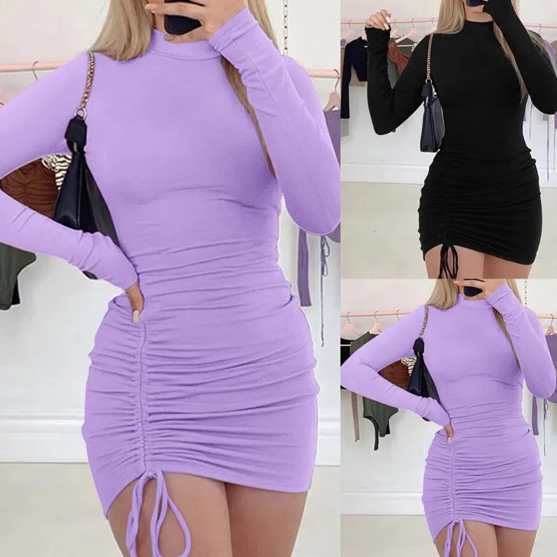Long Sleeve Solid Color Drawstring O-Neck Bodycon Dress