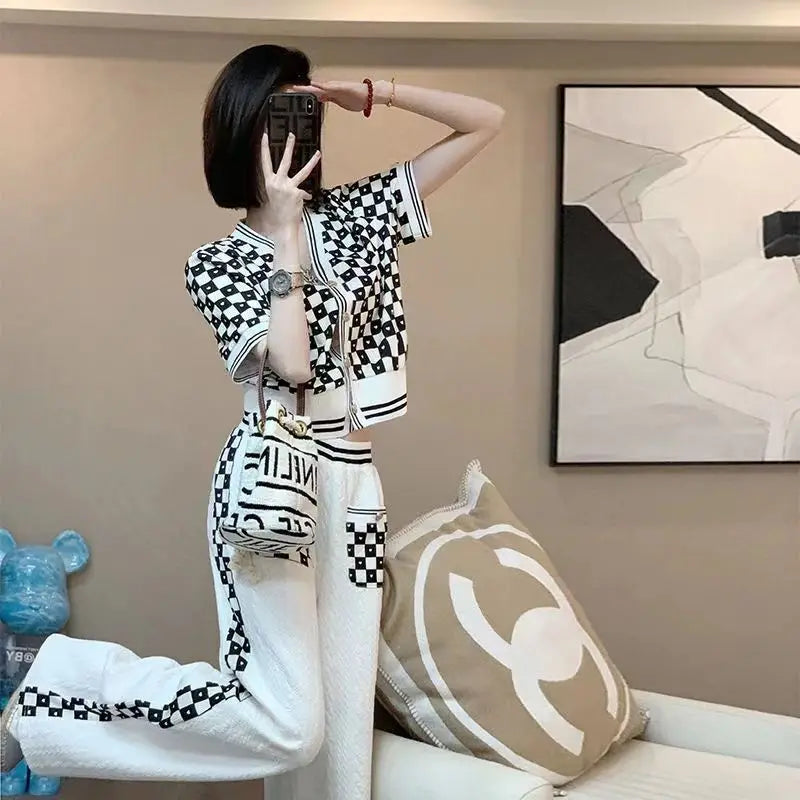 Knit Tracksuit Set - Black & White Checkerboard Short Sleeve Cardigan and Wide-Leg Lounge Pants