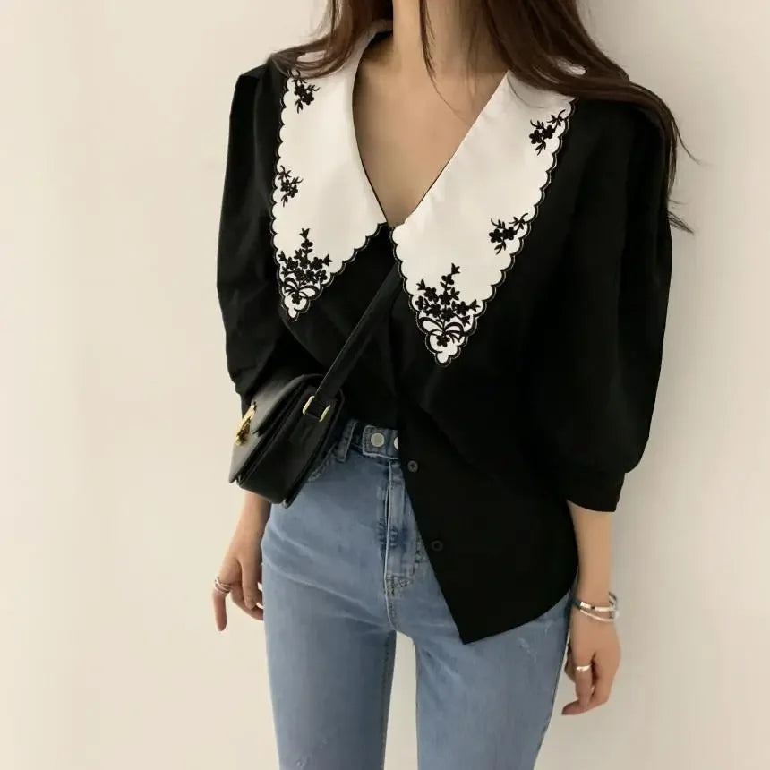 Embroidered Contrast Collar Blouse
