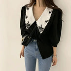 Embroidered Contrast Collar Blouse