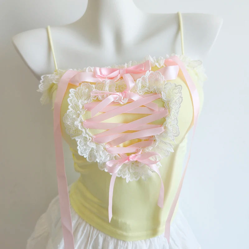 Lace Trim Heart Shaped Bow Decoration Top