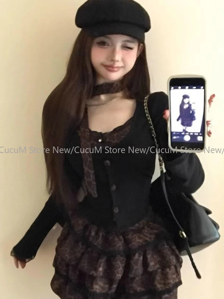 Long Sleeve Leopard Lace Tops + Mini Skirt Set