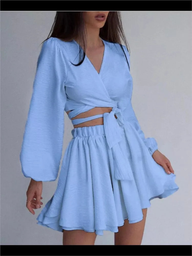 V-neck Waistband Cardigan Top + Casual Comfortable All-match Solid Color Short Set