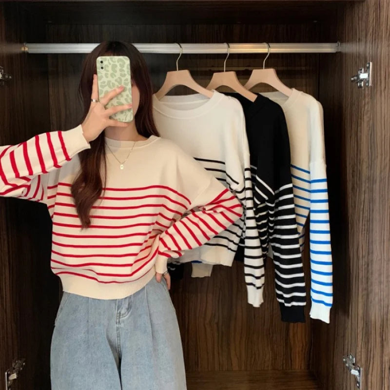 Striped Crew Neck Long Sleeves Knit Sweater