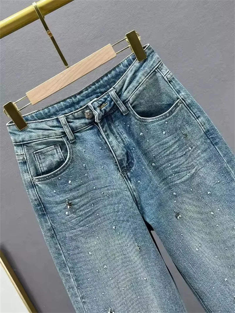 Rhinestone High Waist Wash Jeans