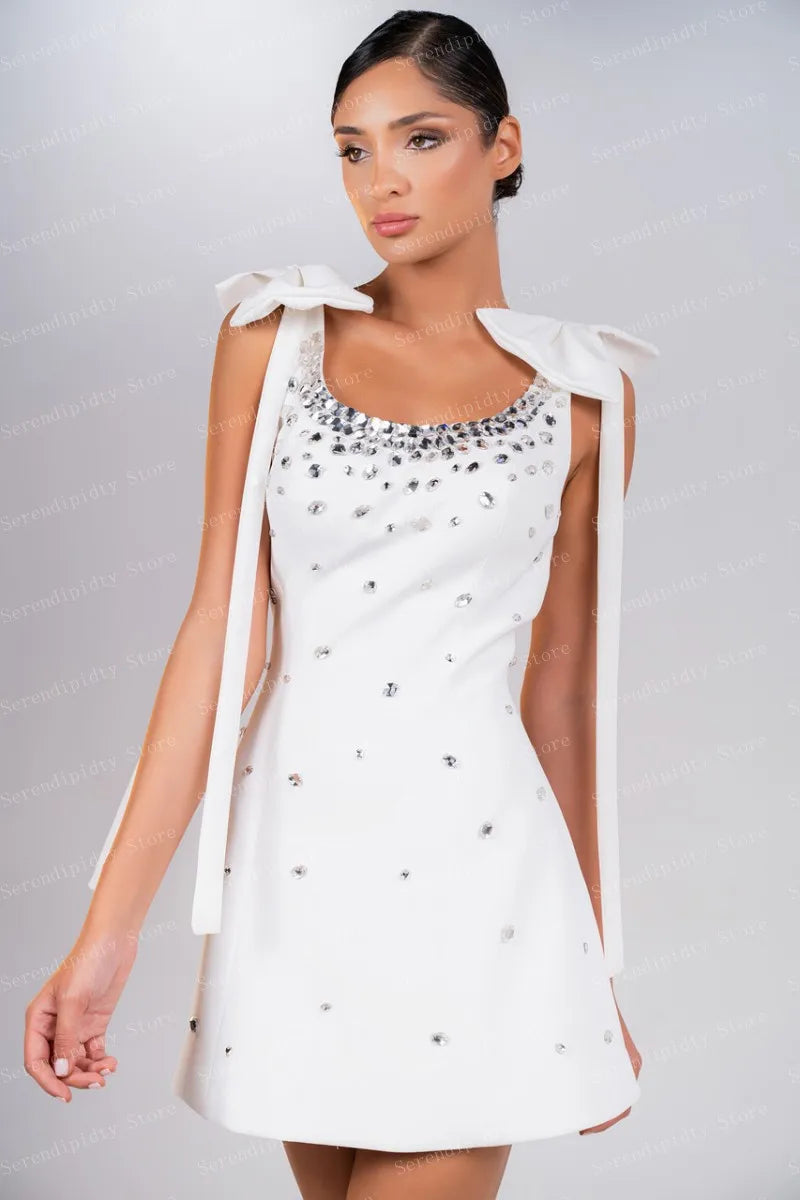 White Crystal Embellished Sleeveless Bow Shoulder Elegant Evening Dress