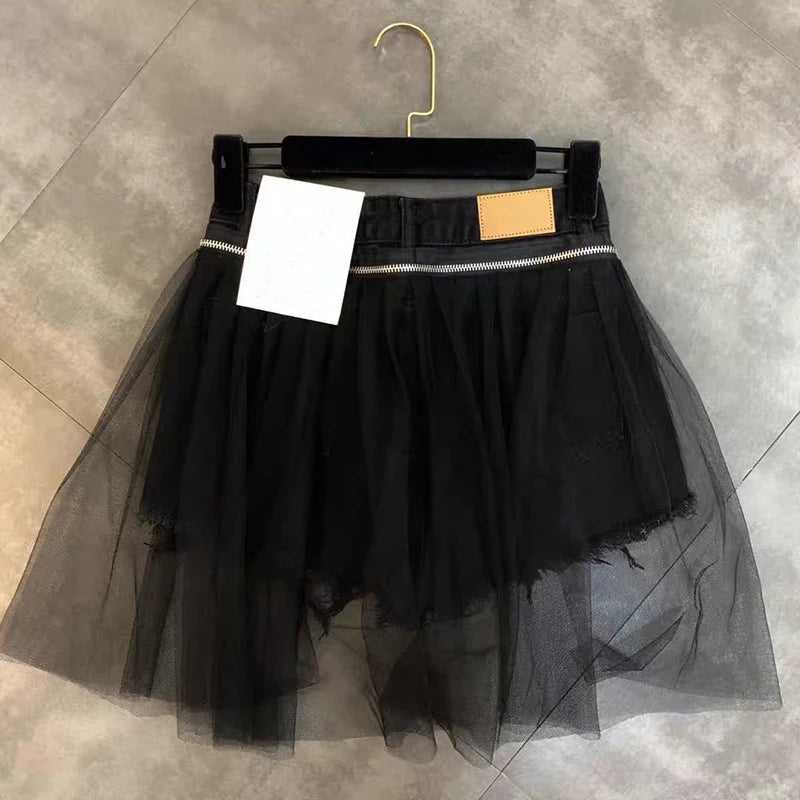 Black Mesh Panel Distressed Denim Shorts