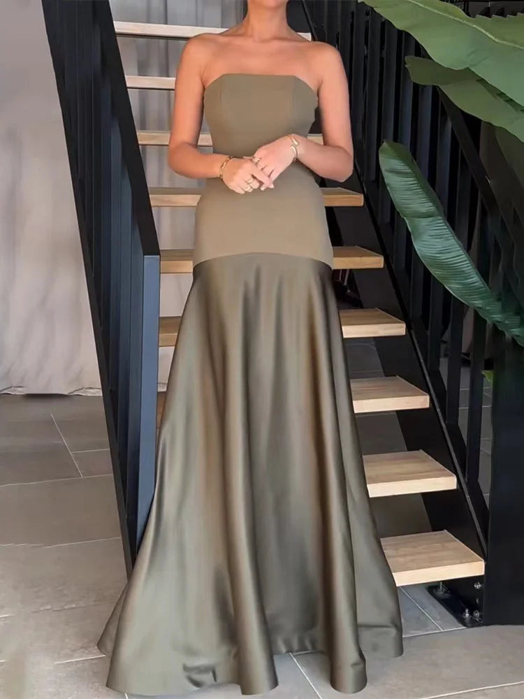 Strapless Drop-Waist Satin Maxi Gown