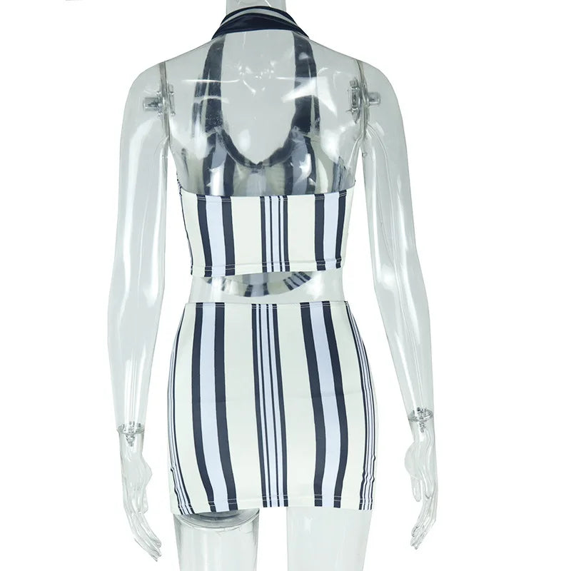 CM.YAYA Mini Skirt and Sleeveless Striped Top Set