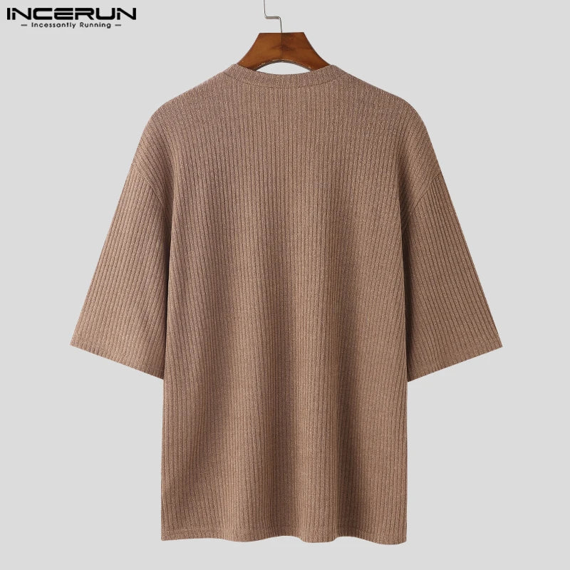 V Neck Half Sleeve Solid Color Ribbed Knitted Shirt