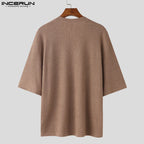 V Neck Half Sleeve Solid Color Ribbed Knitted Shirt