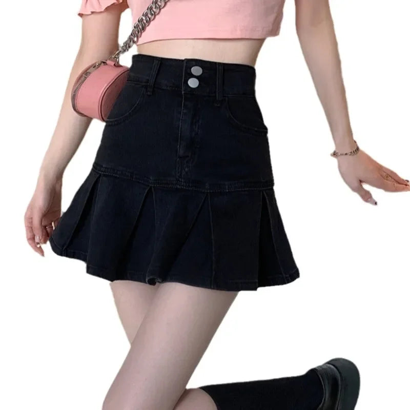 High Waist Denim Pleated A-Line Mini Skirt
