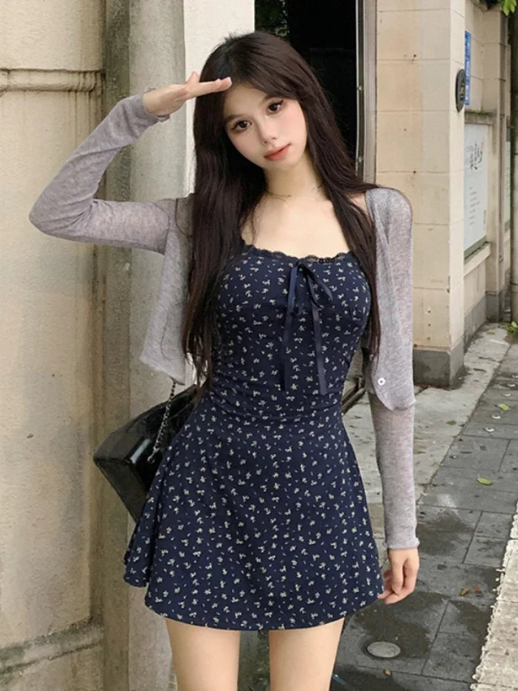 Blue Suspender Floral Mini Dress + Cardigan Set