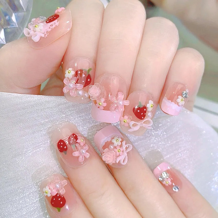 Blush Pink False Nails Bowknot Diamond Pearl 3D Design Press on Nail Tips with Harmless Smooth Edge Nails Woman DIY Fake Nails
