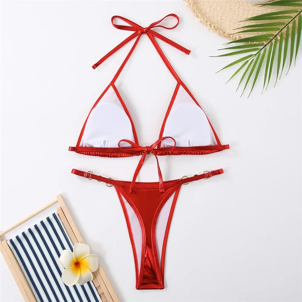 Shiny String Halter Triangle Micro Bikini