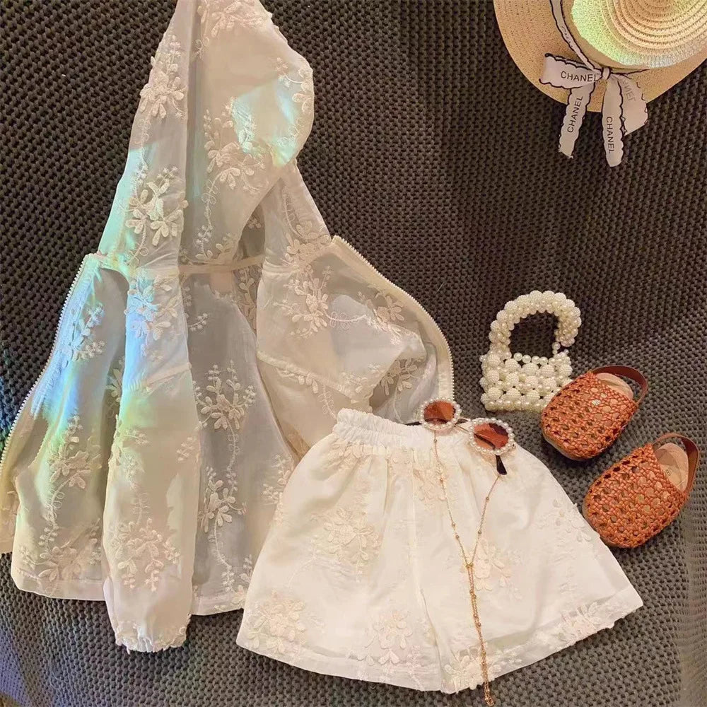 Lace Embroidery Hooded Sunscreen Coat Shorts Vest Three Piece Set