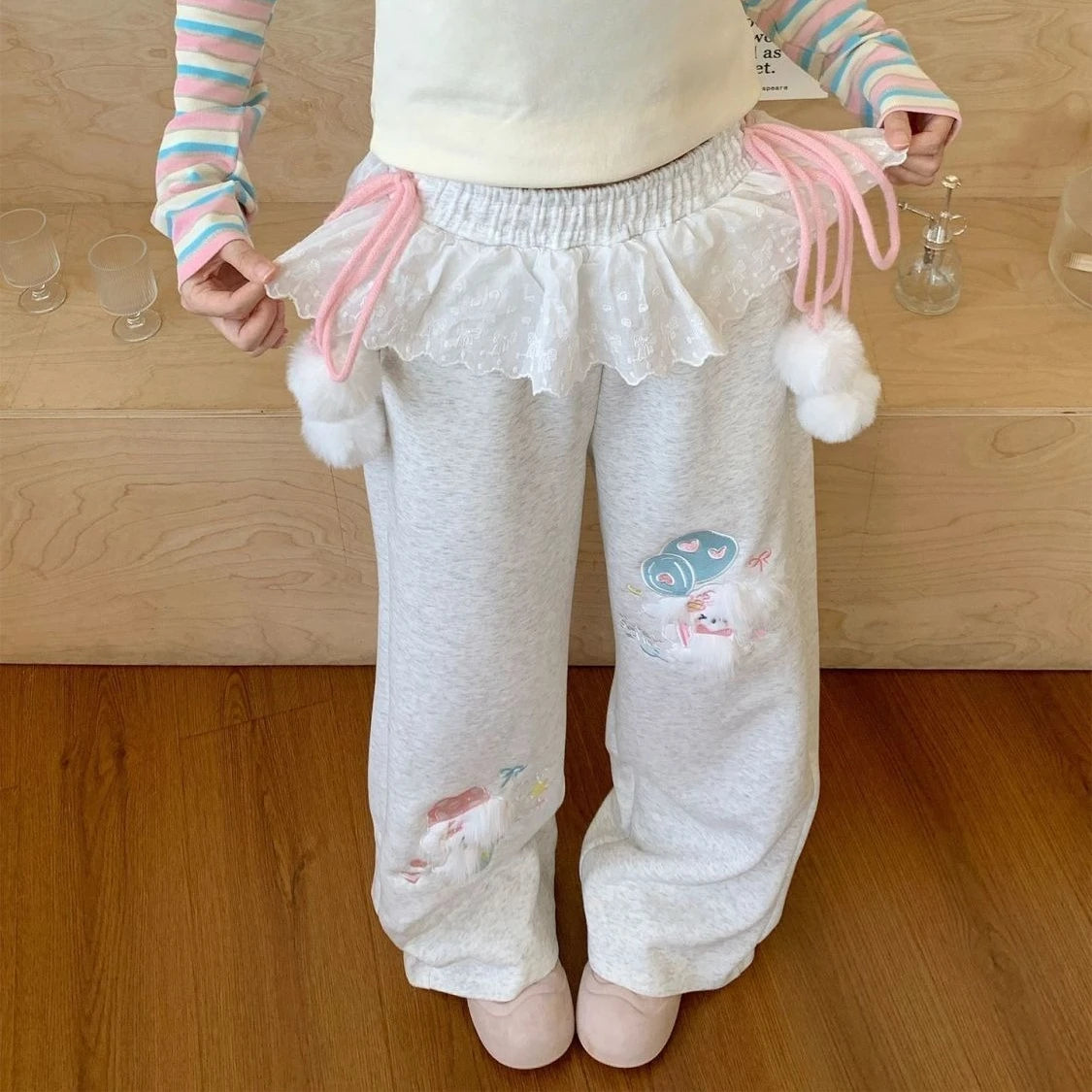 Cute Bunny Graphic Wide-Leg Lounge Pants – Grey with Pink Ribbons & Pom-Poms