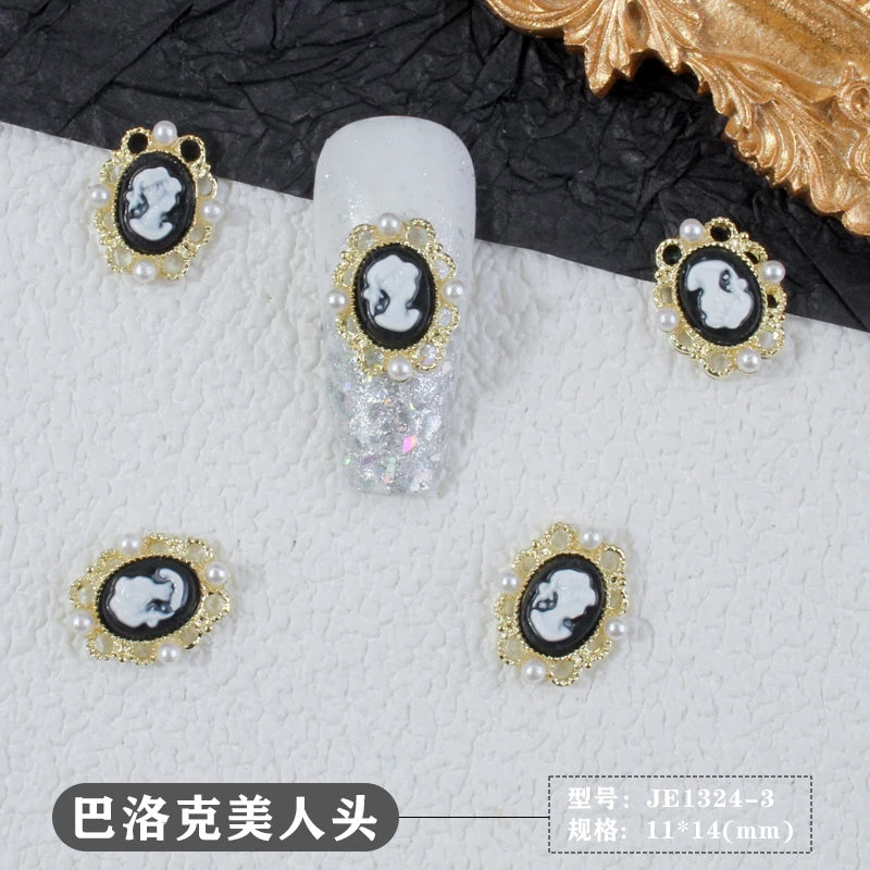 10Pcs Retro Baroque Gril Nail Art Charm 3D Emboss Black White Girl Head Nail Decoration Gold/Silver Metal Edging Nail Jewelry &*