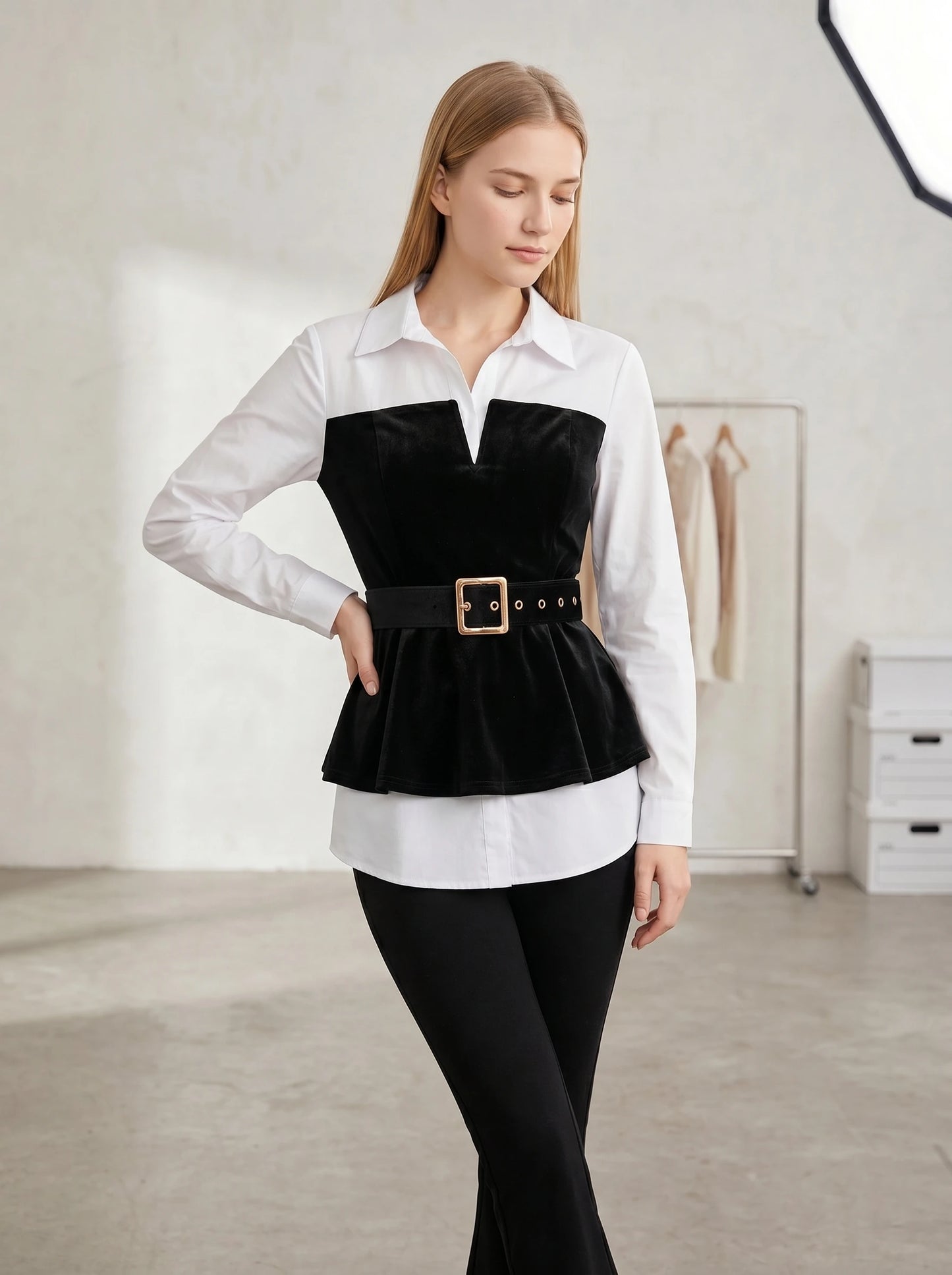 Two Tone Peplum Belted Shirt