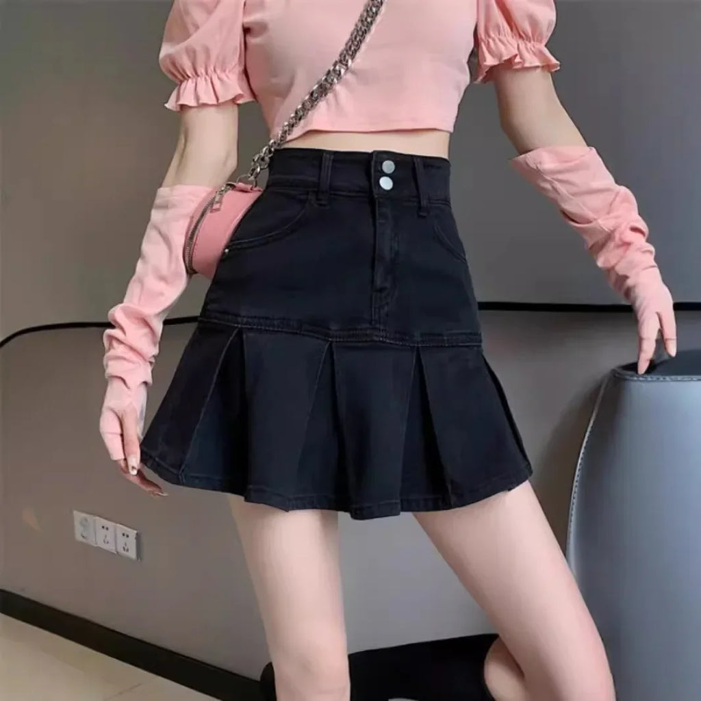 High Waist Denim Pleated A-Line Mini Skirt