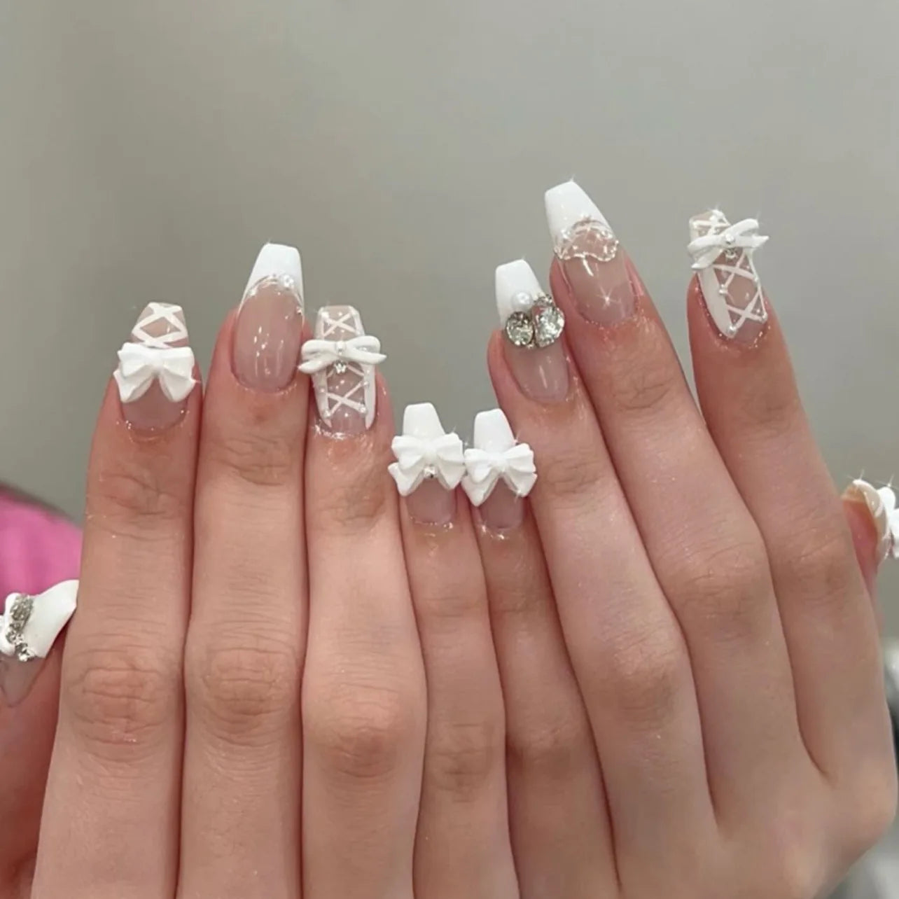 Blush Pink False Nails Bowknot Diamond Pearl 3D Design Press on Nail Tips with Harmless Smooth Edge Nails Woman DIY Fake Nails