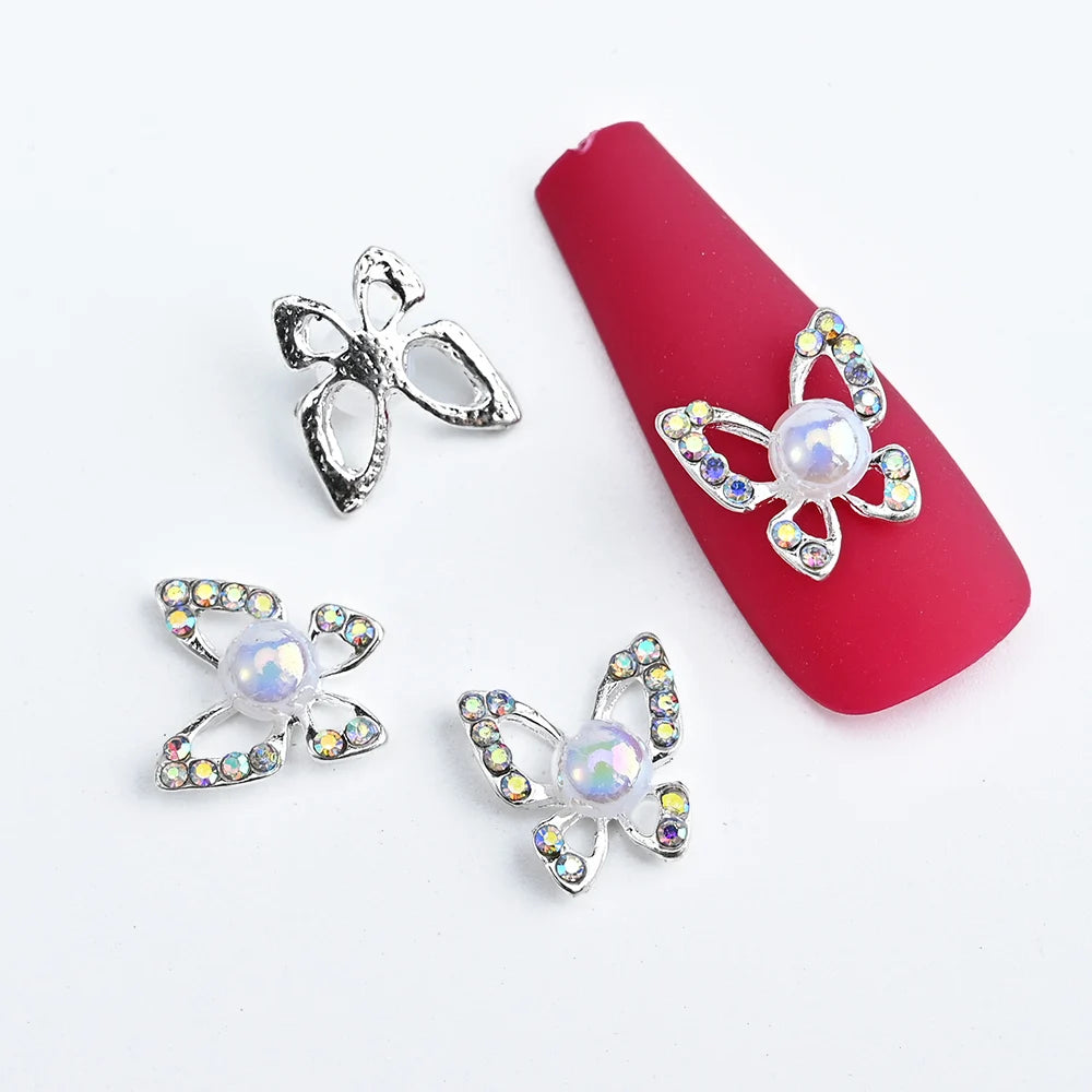 10Pcs Fairy Pink Zircon Nail Art 3D Charms Jewelry Butterfly Shaped Nail Crystal Alloy Decals 11*9mm Rhinestone Nail Decoration*