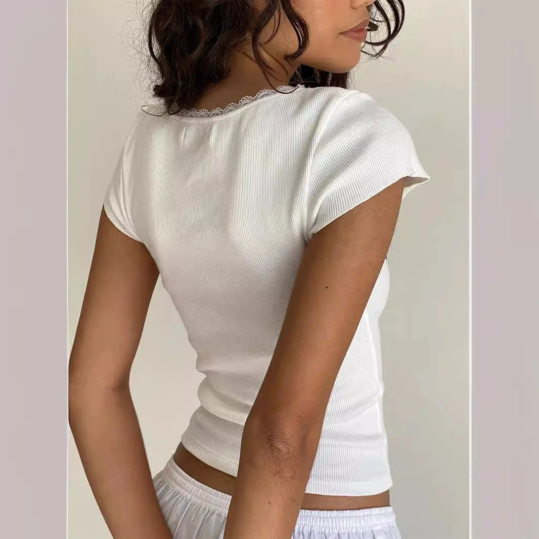 Baby Tee Cottage Lace Trim Knitted T-Shirt