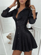 Polka Dot Print Button Front Long Sleeve Shirt Dress