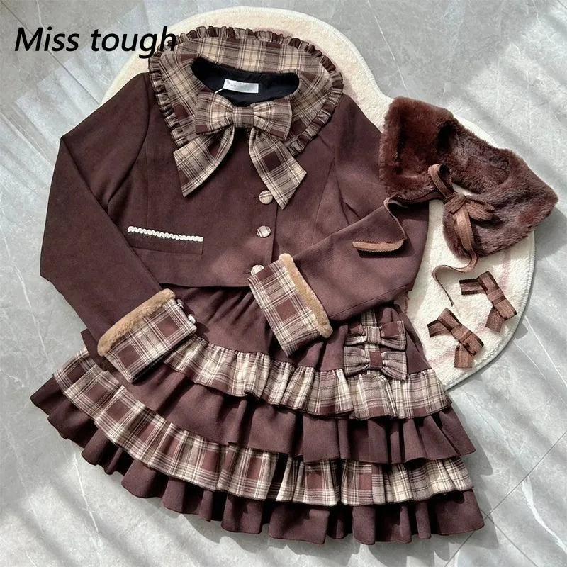 Brown Checkered Bow Coat + Cake Mini Skirt Set