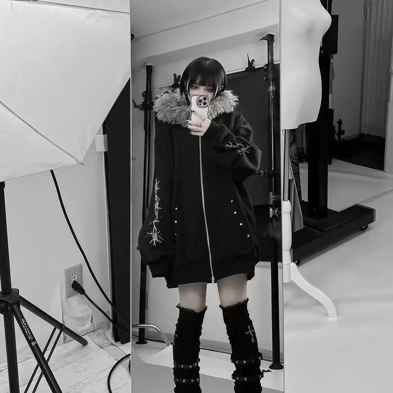 Fur-Lined Zipper Hoodie Jacket