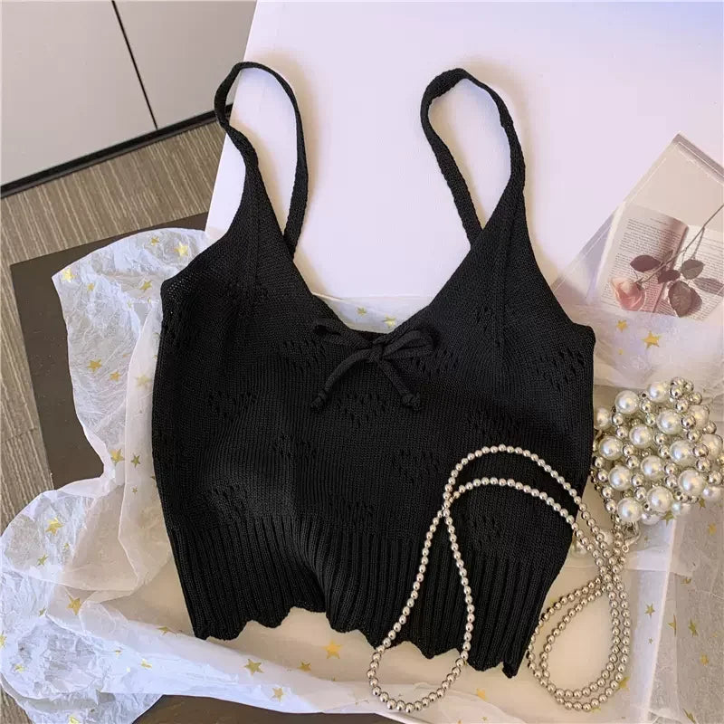 Solid V-Neck Eyelet Spaghetti Top