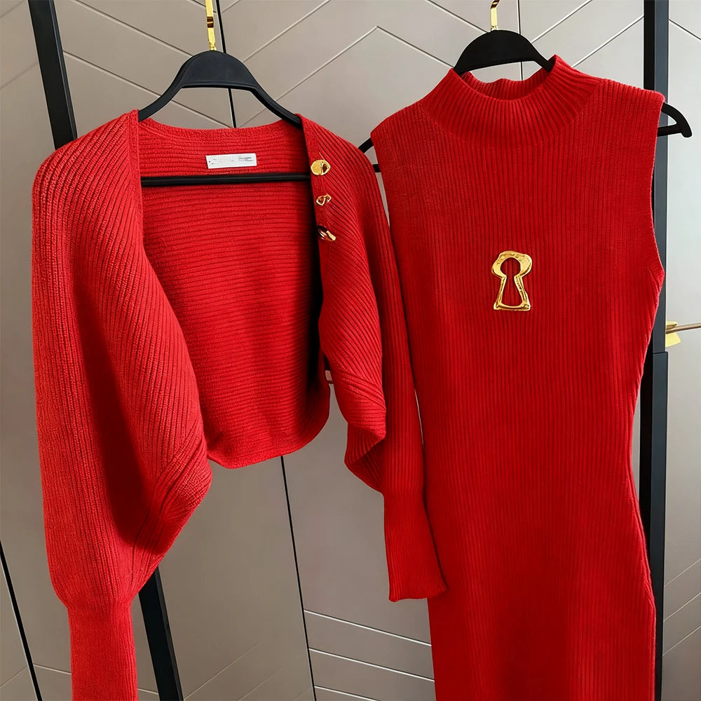 VGH Stand Collar Sleeveless High Waist Bodycon Vest Dress with Long Sleeve Coat Knitted Set