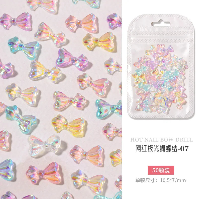 50PCS Aurora Acrylic 3D Nail Art Bow Charm For Nails Decoration Design Kawaii Manicure Accessories Bow-knot DIY Craft Supplies
