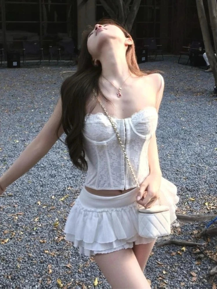 Lace Design Top + Casual Mini Skirt Set