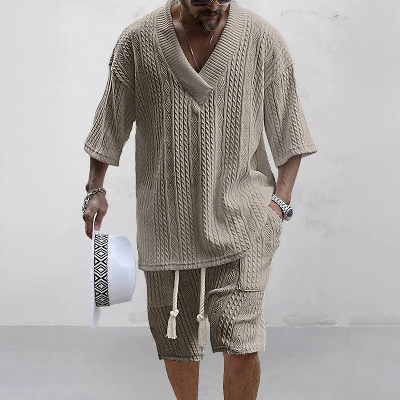 メンズショートパンツセット サマーカジュアルニットツーピース メンズ衣料 Vネック半袖Tシャツとショートパンツ ストリートウェアニットセット
