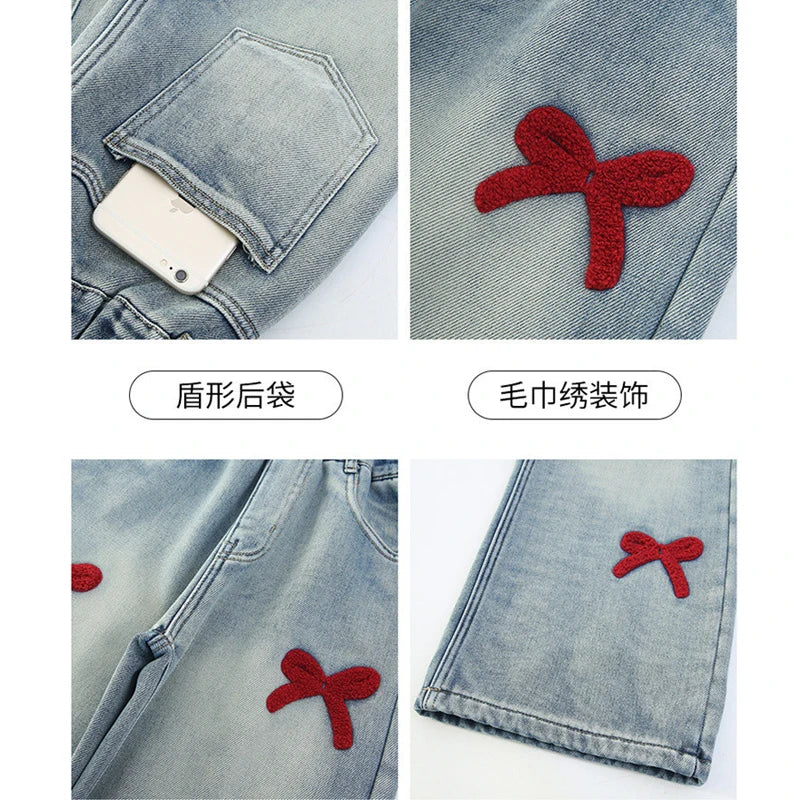 Bow Print Lining Plush Wide-Leg Denim Pants