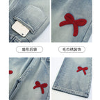 Bow Print Lining Plush Wide-Leg Denim Pants