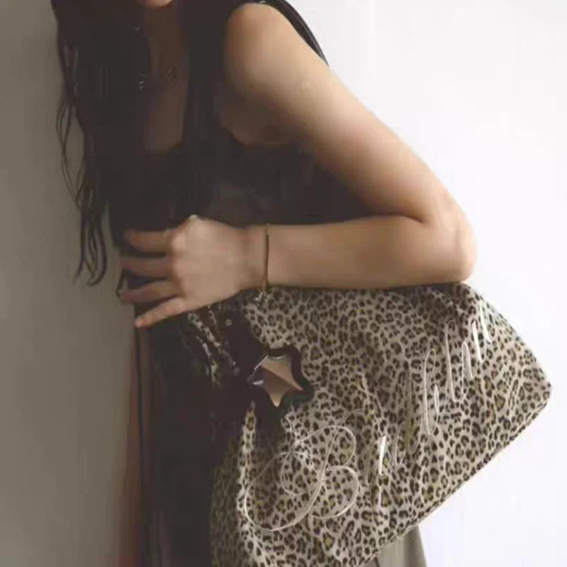 Embroidered Leopard Print Drawstring Tote Bag