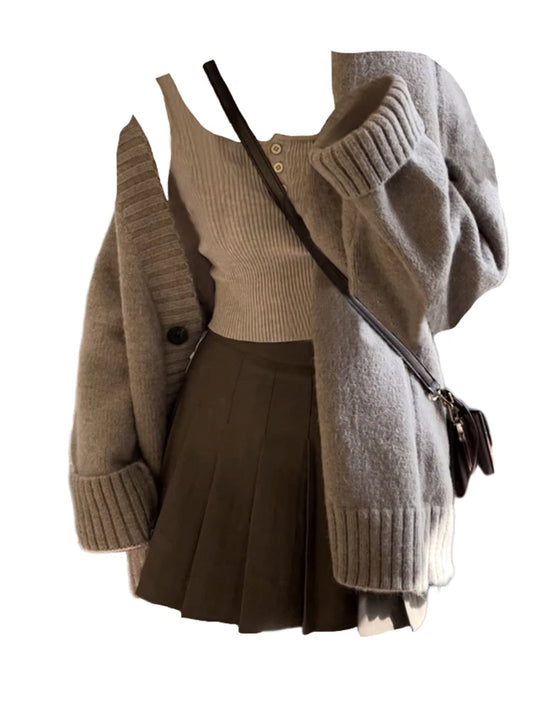 Thick Oversize Cardigan + Camisole + Mini Pleated Skirt Set