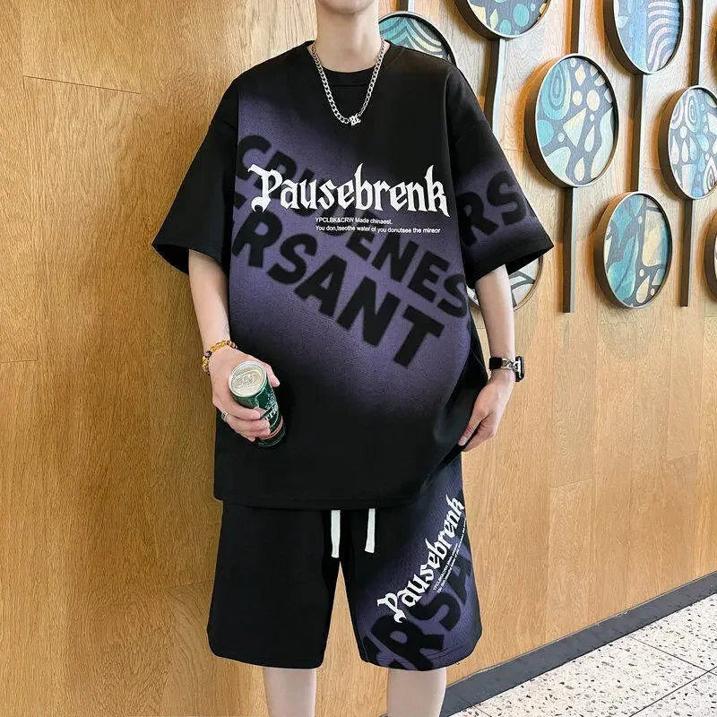 メンズ Tシャツ ショーツ 2点セット 2024 赤いトラックスーツ 原宿系 韓国風 ハイストリート ファッション クリエイティブ パターン メンズ ショートスーツ