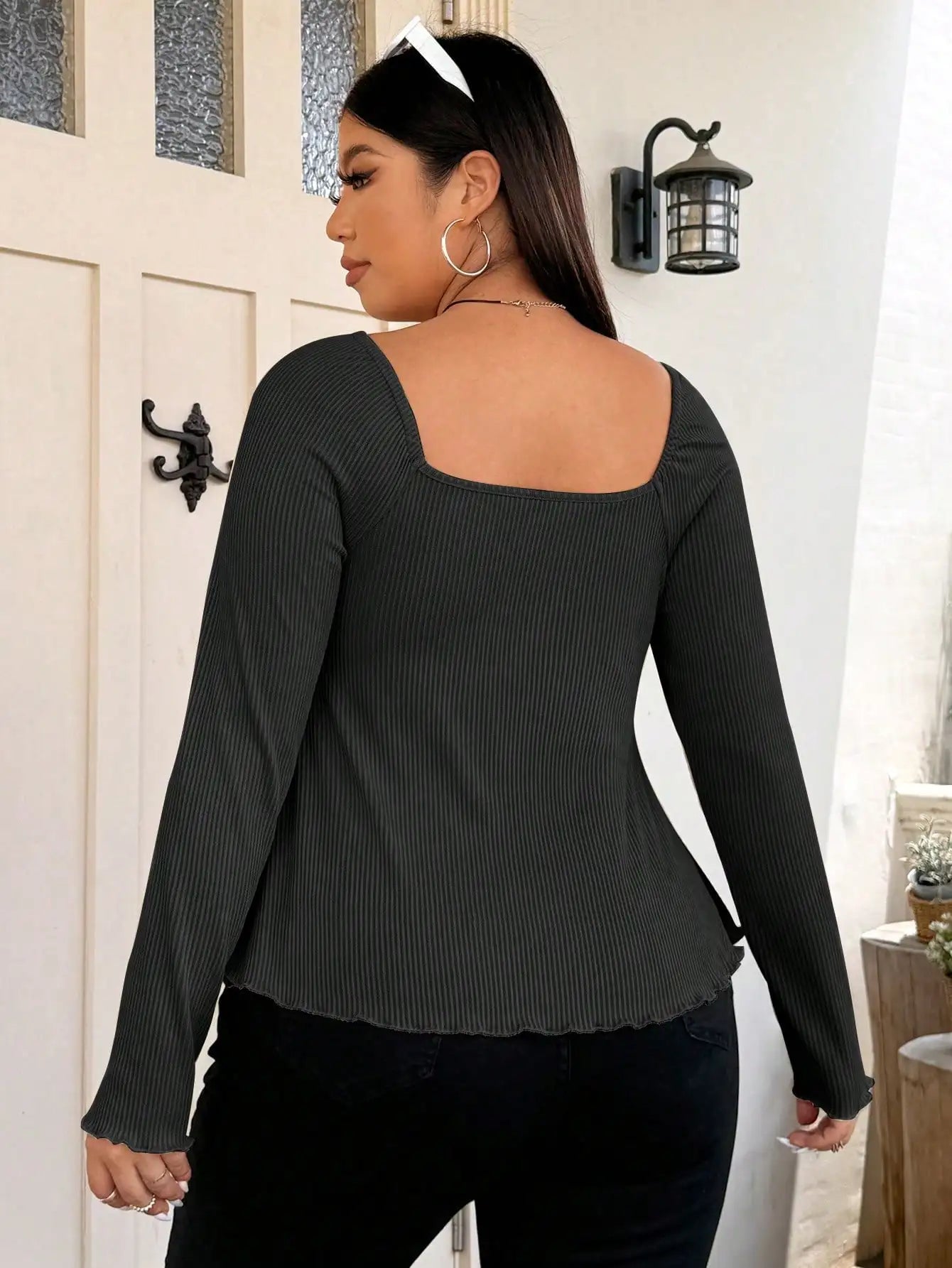 Ribbed Knit Ruched Bust Peplum Top with Long Sleeves