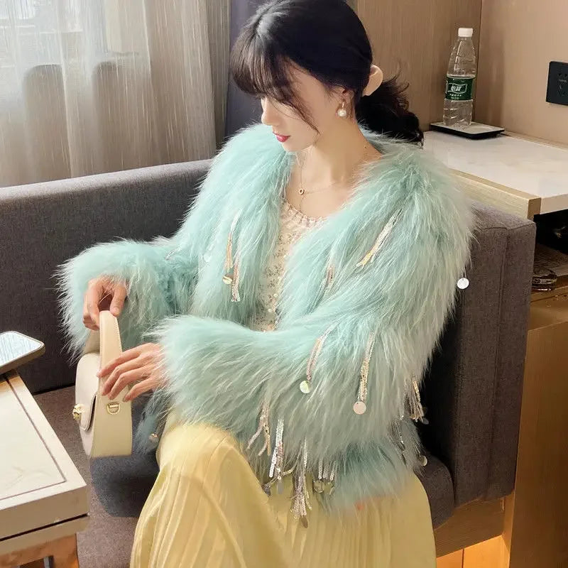 Faux Fox Fur Grass Sequined Tassels Coat