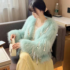Faux Fox Fur Grass Sequined Tassels Coat