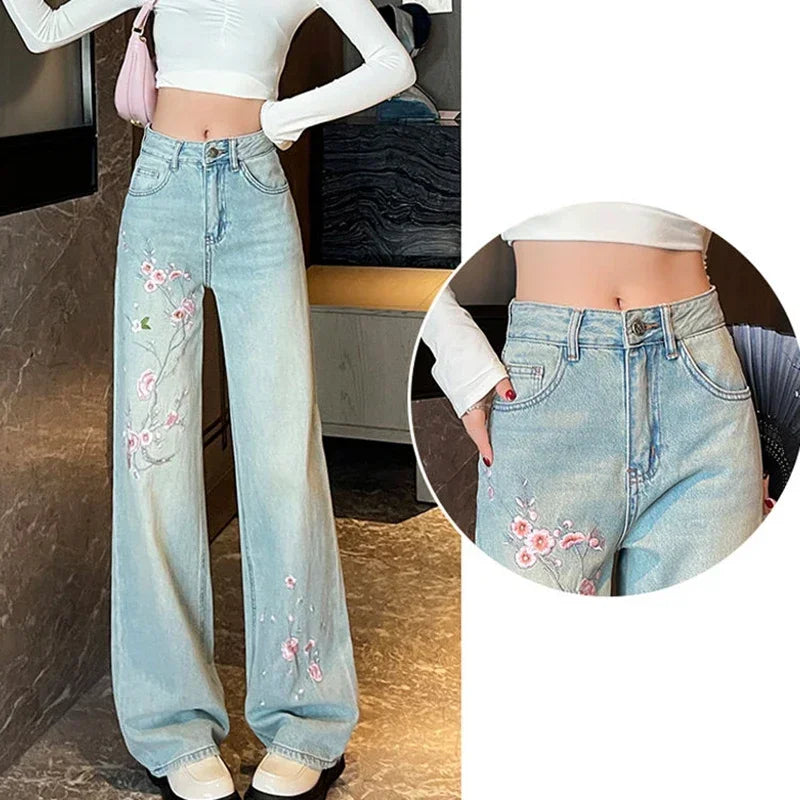 Pink flower embroidered jeans